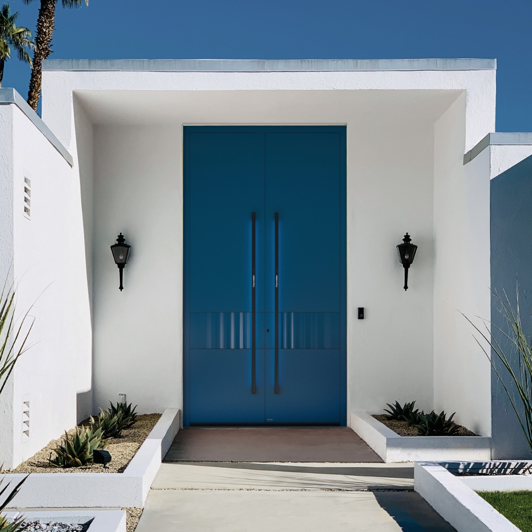 Navy-coloured front doors